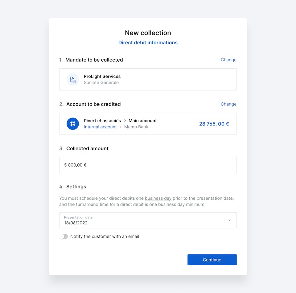 Direct debit creation interface